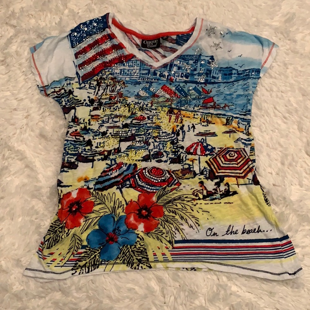 Onque Casual embellished beach scene top size S